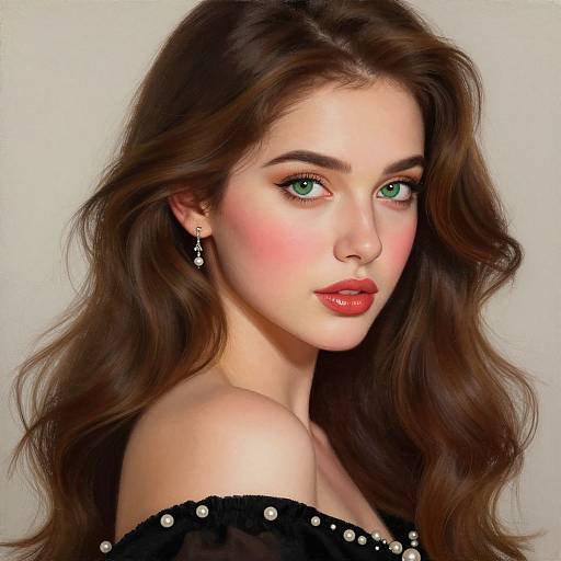 Digital portrait of a beautiful young woman with green eyes, long brown wavy hair, red lipstick, black off-shoulder top, and earrings,