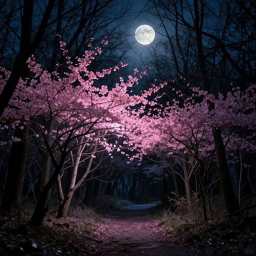 Photograph of a moonlit forest path with vibrant pink cherry blossoms, glowing under a bright full moon, surrounded by dark, leafless trees.