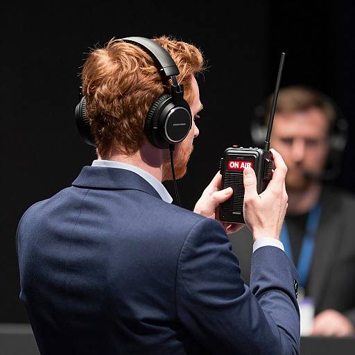 Man with Radio Equipment Wearing Headphones