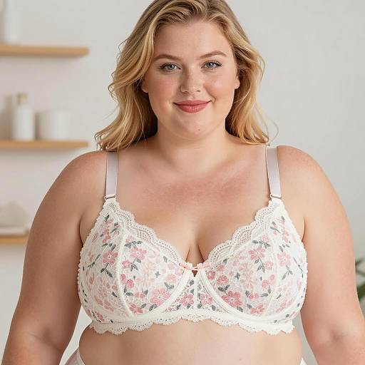Plus-Size Woman in White Floral Lace Bra