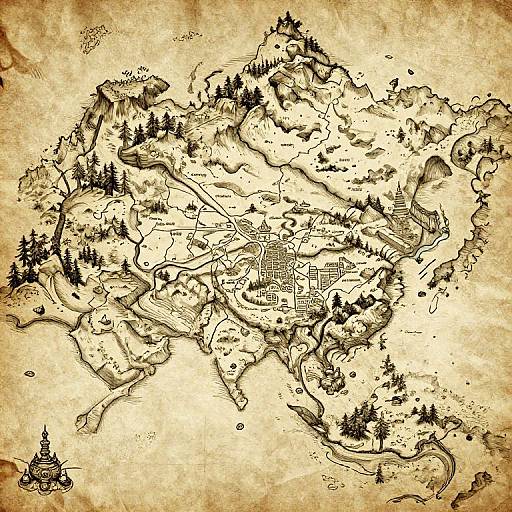 Detailed black ink map of a mountainous town with dense forests, winding rivers, and intricate architecture on aged, brown parchment.