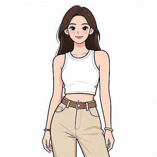 Digital illustration of a smiling Asian woman with long black hair, wearing a white crop top, beige pants, brown belt, and bracelets.