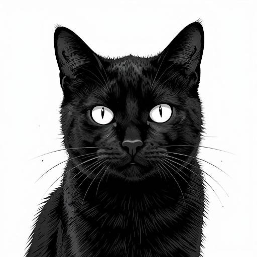 Digital drawing of a black cat with glowing white eyes, detailed fur texture, and sharp ears, set against a stark white background.