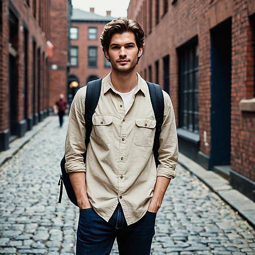Young man standing on cobblestone street