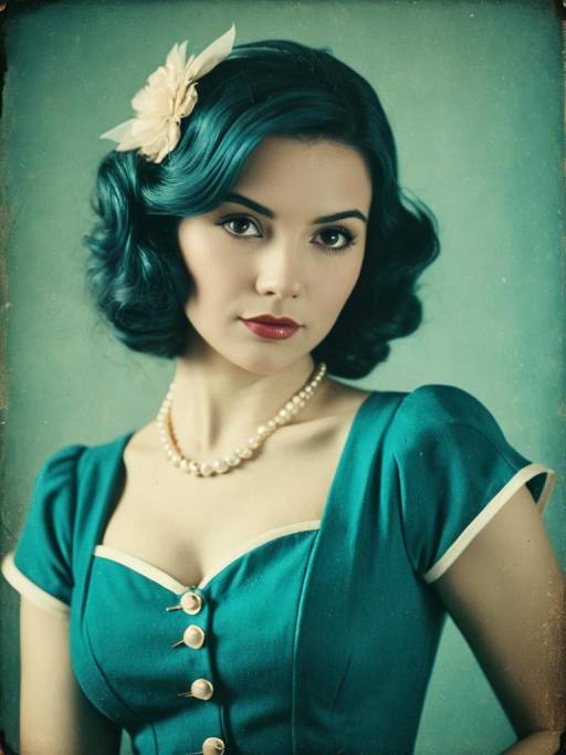 Woman in Retro Teal Dress with Flower Hair Accessory