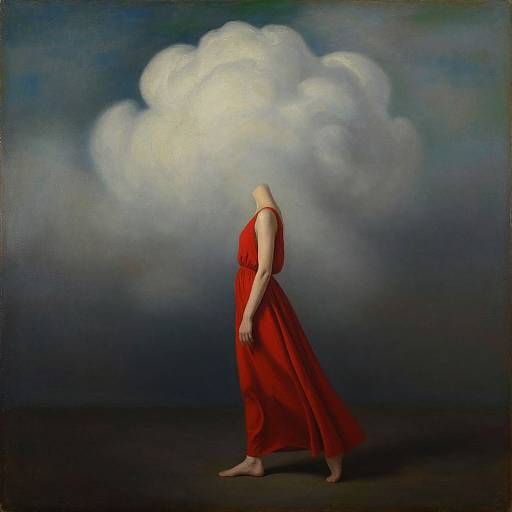 Photograph-style digital art: Headless woman in flowing red dress stands barefoot, with large white cloud replacing her head, against dark blue gradient background
