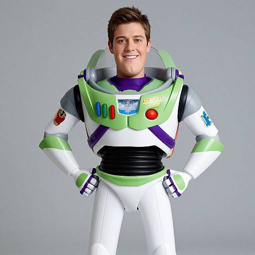 Digital CGI image of a smiling young boy in a colorful Buzz Lightyear-inspired astronaut suit, standing with hands on hips.