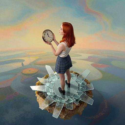 Digital artwork: Red-haired girl in white tank top and plaid skirt, holding clock, stands on glass island in colorful, swirling water.