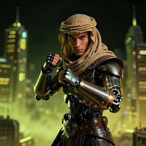CGI image of a fierce, armored man with a beige headscarf, futuristic metallic gauntlets, and intense expression, set against a glowing