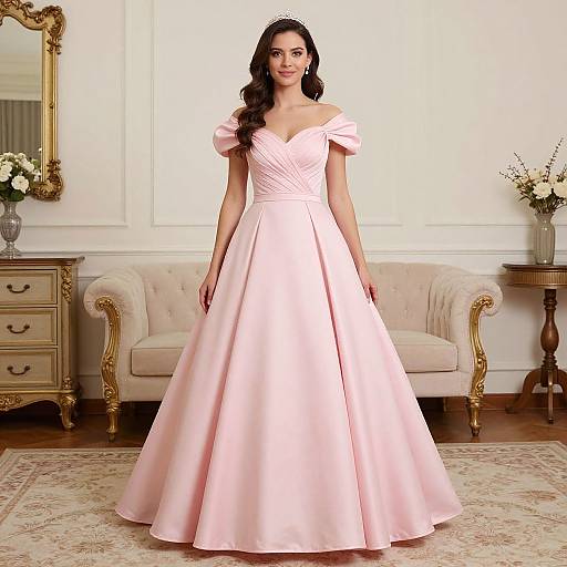 Photograph of a dark-haired woman in a pink off-shoulder satin ball gown, standing in an elegant, white-walled room with antique furniture