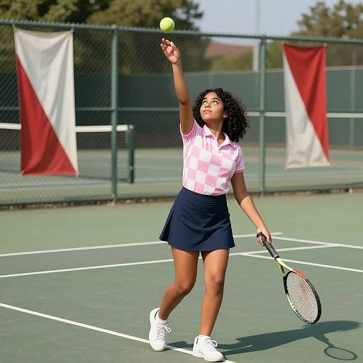 Photograph of a young Black woman with curly hair, wearing a pink and white polo shirt, navy skirt, and white sneakers, serving a tennis ball