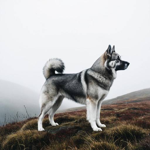 Norwegian Elkhound Standing on Nordic Moorland