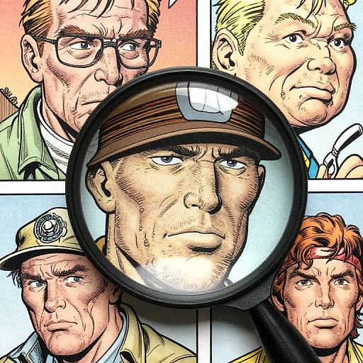 Comic-style illustration of six serious-faced men, one in a magnifying glass center, diverse ages, backgrounds, and expressions, in a grid layout.