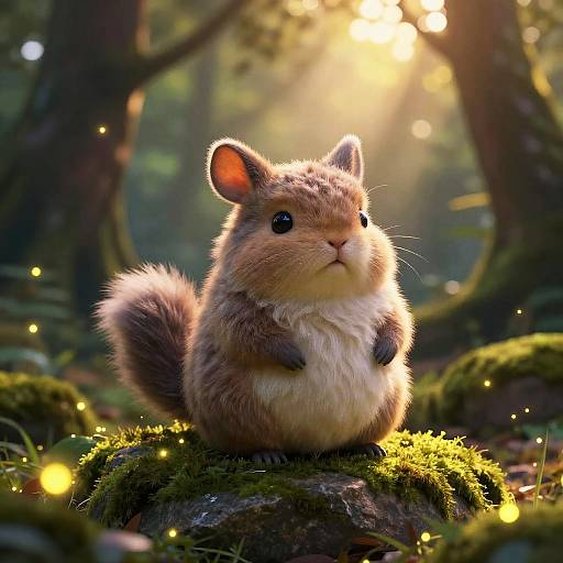Photorealistic CGI of a cute, fluffy chipmunk with large ears, standing on mossy forest ground, bathed in sunlight with glowing fairy