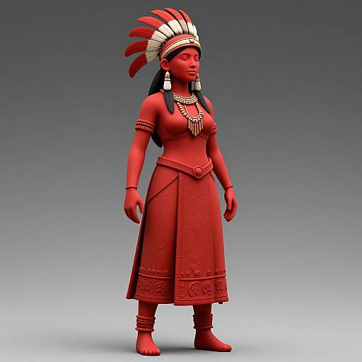 Digital 3D rendering of a red-skinned Native American woman in traditional attire, featuring a feathered headdress, necklace, and embroidered red dress