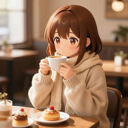 Anime-style digital drawing of a cute brown-haired girl with large eyes, wearing a beige sweater and scarf, sipping from a cup, with dessert and