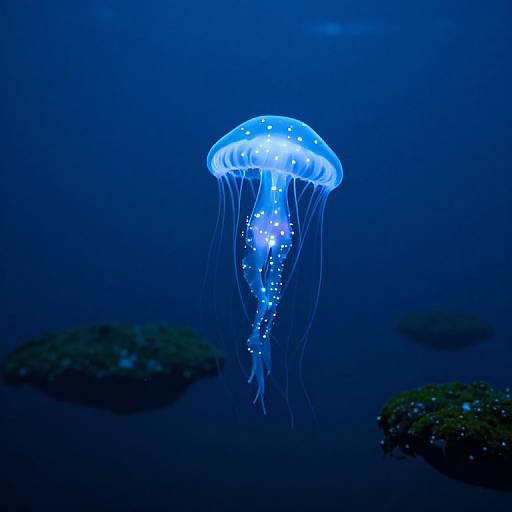 Photograph of a glowing blue jellyfish with illuminated, translucent dome and trailing tentacles, floating in a deep blue underwater scene.