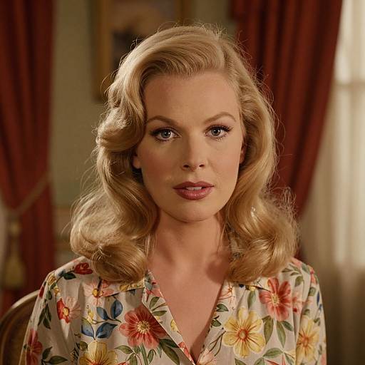 Photograph of a blonde woman with wavy hair, wearing a floral blouse, looking directly at the camera in a warmly lit room.