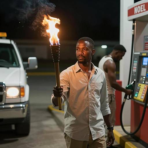 Man Holding Flaming Torch at Gas Station Night
