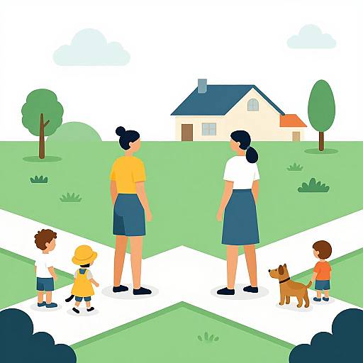 Digital illustration of a family with two mothers, two children, and a dog standing on a crosswalk in front of a house. Bright colors, simple