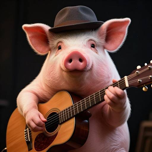 Photograph of a pink pig with a black bowler hat, holding an acoustic guitar, staring forward against a dark background.