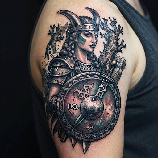Tattoo of a medieval warrior woman with horned helmet, braided hair, shield, and leafy vines on a muscular arm. Black ink