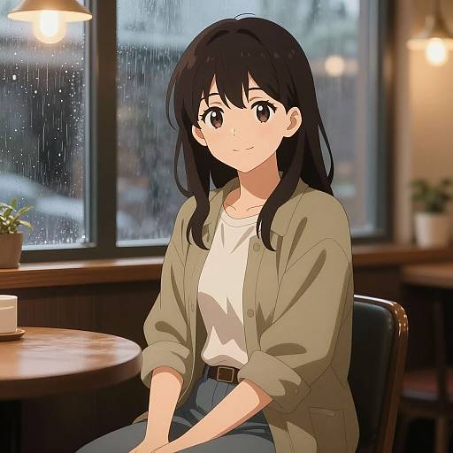 Anime-style digital drawing of a cute, young woman with long black hair, wearing a beige cardigan and white shirt, sitting in a cozy, rain