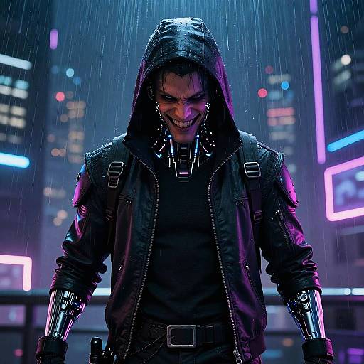 Cyberpunk Hacker with Menacing Smirk in Neon City