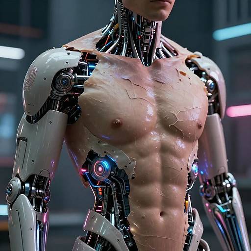 Photorealistic CGI of a male cyborg with a muscular, bare chest, metallic robotic arms, and glowing blue accents in a futuristic lab.