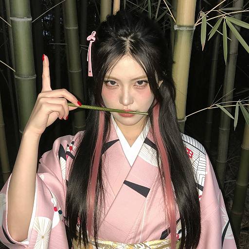 Elegant Woman in Geometric Kimono at Night