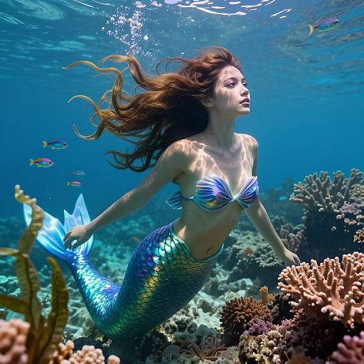 Photograph of a beautiful mermaid with long brown hair, blue and green scaled tail, and striped top, swimming underwater amidst colorful coral and small fish