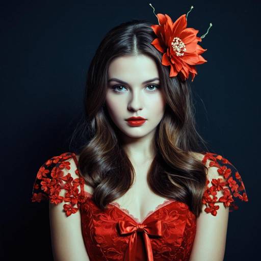 Elegant Woman in Red Dress with Flower Hair Accessory
