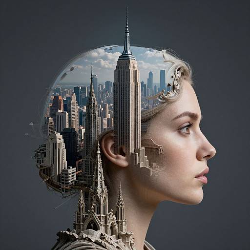 Digital artwork of a woman's profile, her head filled with a detailed cityscape, showcasing skyscrapers and iconic buildings, against a dark blue background