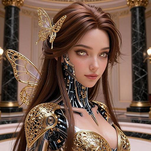 Digital artwork of a futuristic, cybernetic woman with long brown hair, golden butterfly hair accessory, and intricate black and gold armor. She has glowing