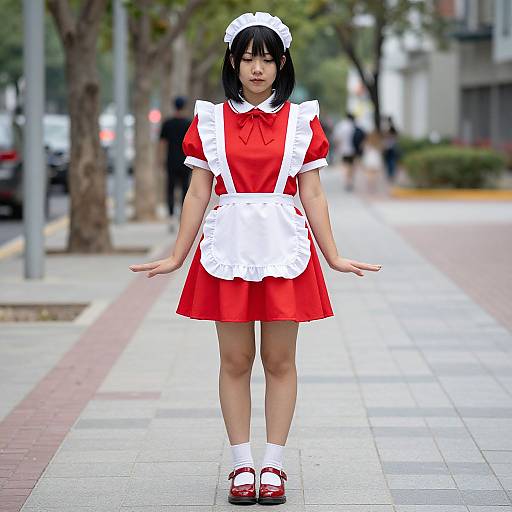 Photograph of an Asian woman in a red and white French maid outfit, standing on a city sidewalk with trees and blurred background. She wears a white