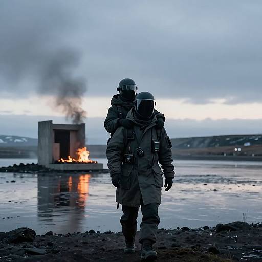 Photograph of two armored soldiers in winter gear standing near a burning building with smoke, against a blue-gray, icy landscape.