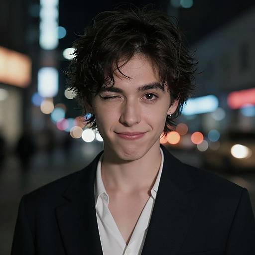 Photograph of a young man with wavy dark hair, winking, in a black suit and white shirt, against a nighttime city street with blurred