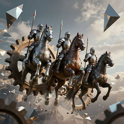 Photorealistic CGI of three armored knights on galloping horses, holding spears, amidst floating gears and crystals, under a cloudy sky.