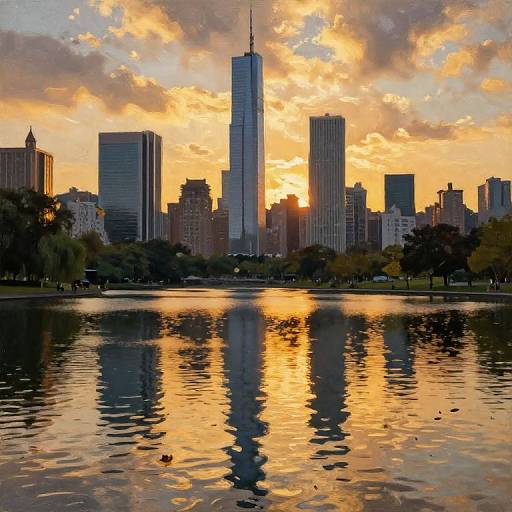 Photograph of New York City skyline at sunset, with One World Trade Center reflected in calm water, golden sky, and scattered clouds.