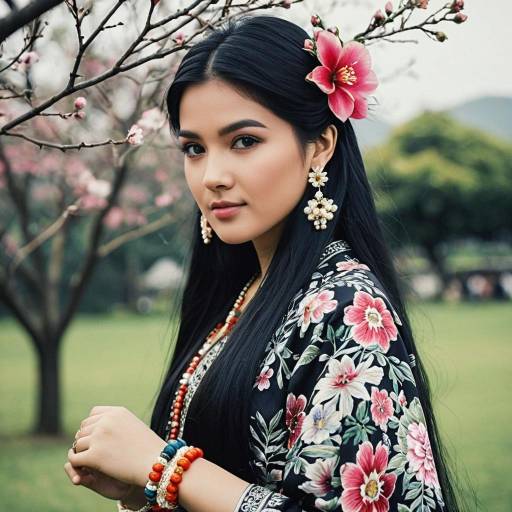 Woman in Traditional Floral Dress with Jewelry