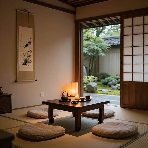 Photograph of a traditional Japanese room with a wooden table, illuminated lamp, four round cushions, shoji door, and serene garden view.