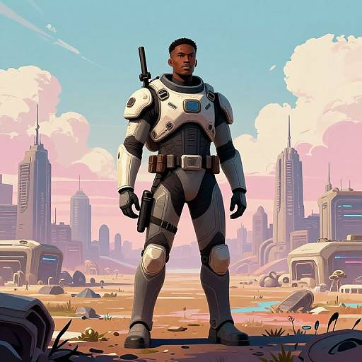 Digital illustration of a muscular black man in futuristic armor standing in a post-apocalyptic cityscape with pink and blue sky.