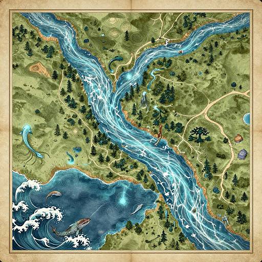 Top-down fantasy map illustration of a winding, glowing blue river through green forest, with blue lake, fish, and scattered campsites.