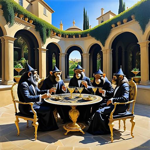 Surreal Royal Monkeys Banquet in Courtyard