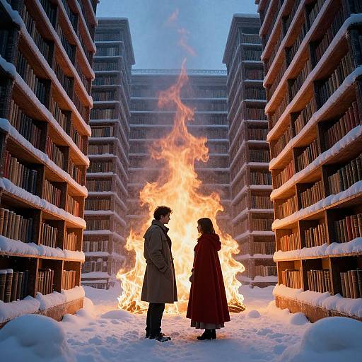 Photograph of two silhouetted figures in winter coats standing before a large fire in a snow-covered library with tall, book-filled shelves on both