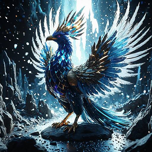 Glowing Crystal Phoenix in Surreal Landscape
