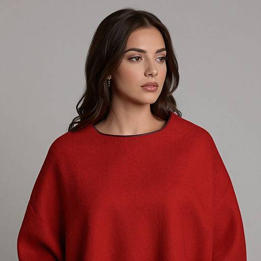 Photograph of a fair-skinned woman with dark brown, wavy hair wearing a red, loose-knit sweater, against a plain gray background.