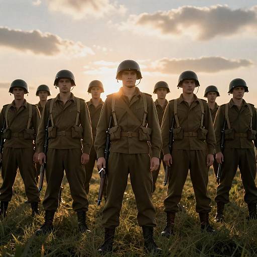 WWII Soldiers in Sunset Field Photograph