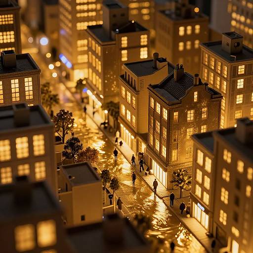 Photograph of a detailed, illuminated, miniature cityscape at night, with glowing yellow windows, streetlights, and tiny silhouetted figures walking