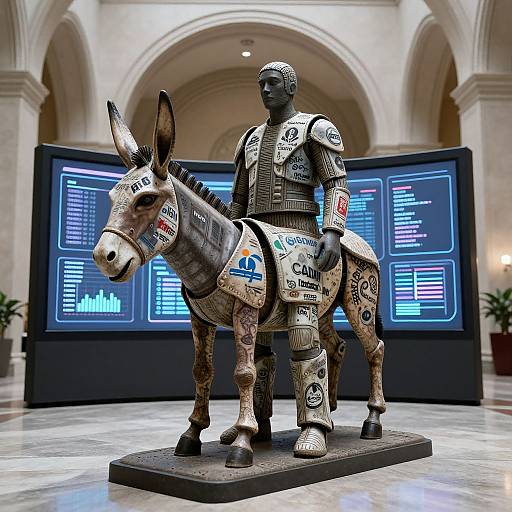 Photograph of a bronze statue of a cyclist wearing sponsor logos, riding a donkey also adorned with sponsor logos, in a museum with illuminated, blue